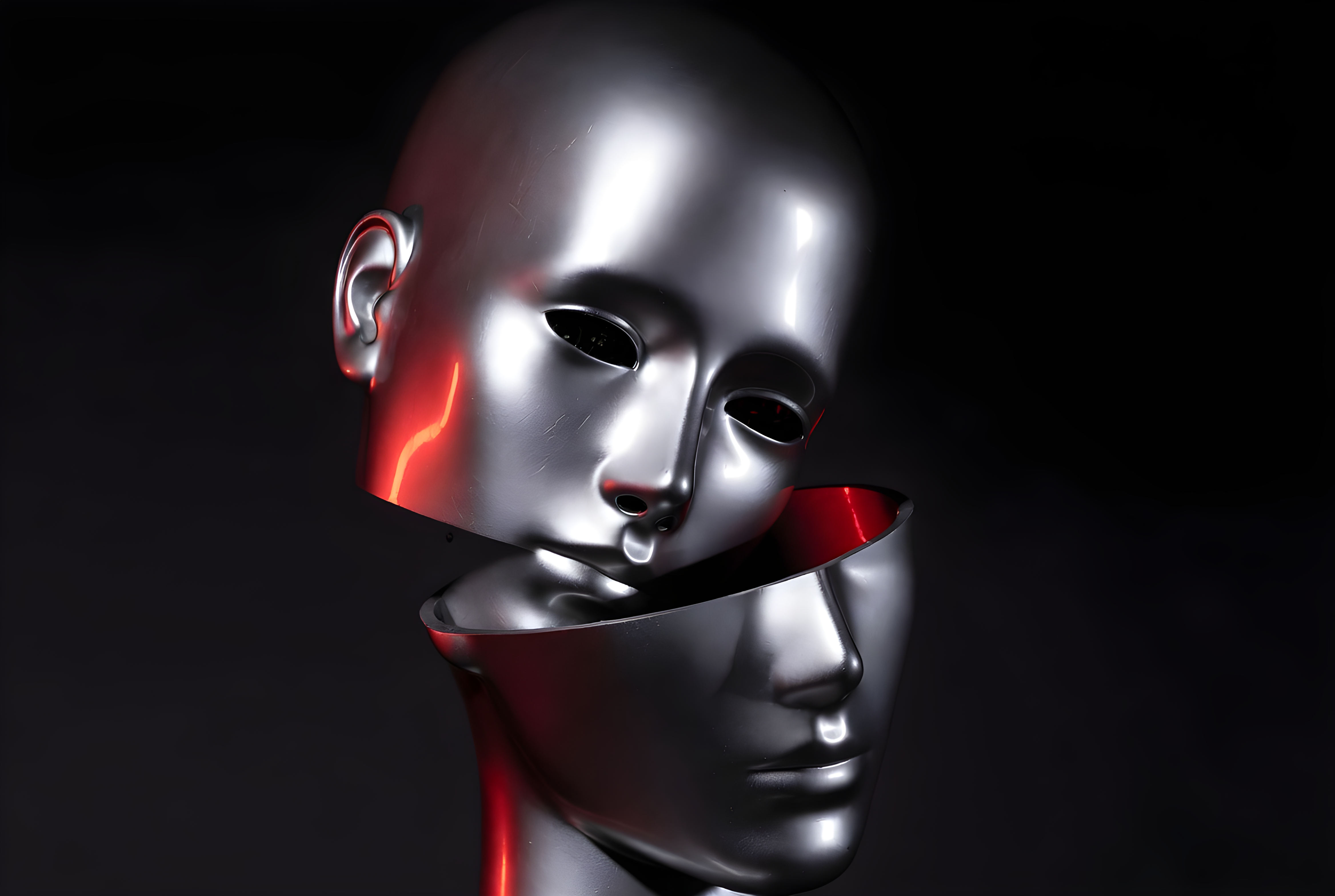 A calm mask held over a model mid-turn.