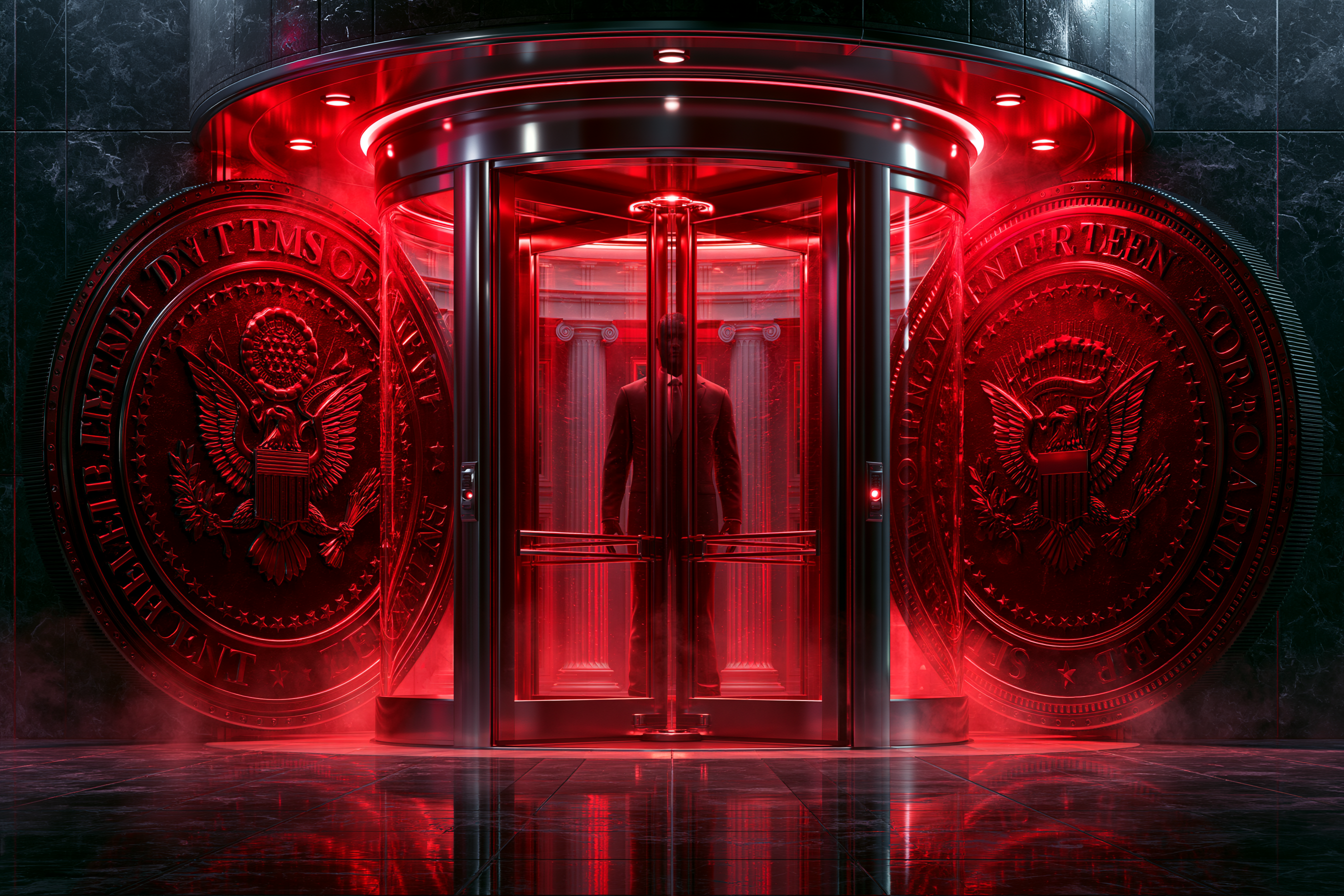 The revolving door only looks like two rooms. It is one figure seen twice — the regulator on the way in, the lobbyist on the way out.