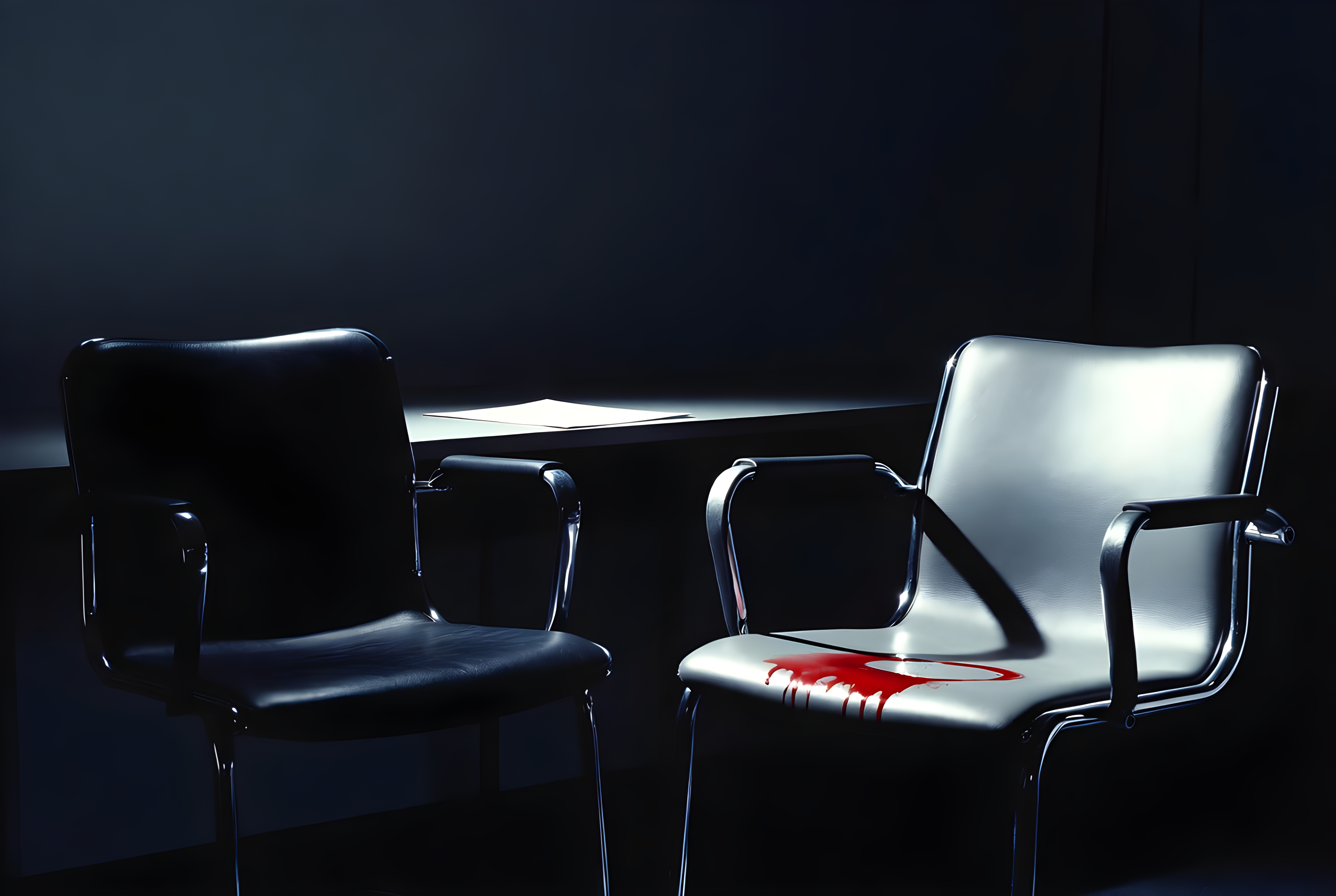 Two empty chairs: the machine on one side of the conversation.